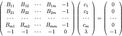 \begin{displaymath}\left(
\begin{array}{ccccc}
B_{11} & B_{12} & \cdots & B_{1...
...}
0 \\
0 \\
\cdots \\
0 \\
-1 \\
\end{array}\right)
\end{displaymath}
