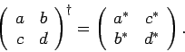 \begin{displaymath}
\left( \begin{array}{cc} a & b \\ c & d \end{array} \right)^...
... \begin{array}{cc} a^* & c^* \\ b^* & d^* \end{array} \right).
\end{displaymath}